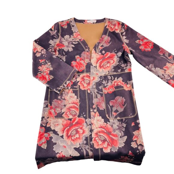 Solitaire Floral Print Women's Cardigan Duster size Small Brown Pink Long pocket - Picture 1 of 5